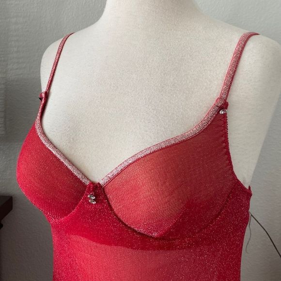 Cinema Etoile Red Shimmer Sheer Chemise Slip Size Medium - Picture 3 of 13